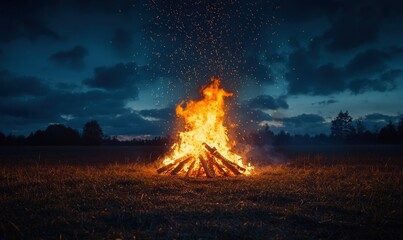 A bonfire at dusk in a field