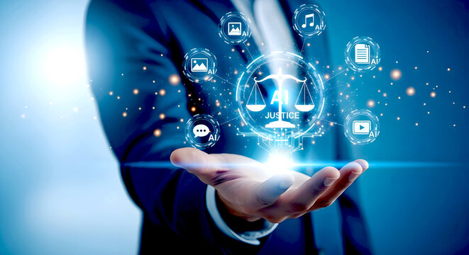 Person holding AI justice scales with digital icons representing legal and digital information - Powered by Adobe