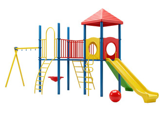 Pristine modern modular children's playground, blue poles, glossy red railings, yellow/lime slides, red roof, intricate climbing, red ball, on transparent background, concept for commercial product