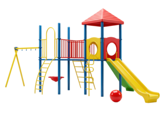 Pristine modern modular children's playground, blue poles, glossy red railings, yellow/lime slides, red roof, intricate climbing, red ball, on transparent background, concept for commercial product