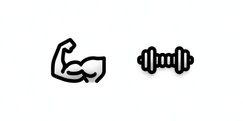 Simple line art icons depicting a flexed bicep and a dumbbell, symbolizing strength and fitness