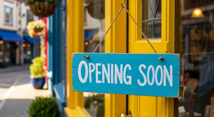 Blue wooden sign opening soon hanging on a yellow storefront