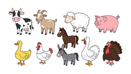 Obraz premium Farm Animals' Ensemble: A charming collection of farm animals, rendered in an adorable, cartoonish style, forms a delightful tableau, perfect for illustrating the beauty and variety of the barnyard.