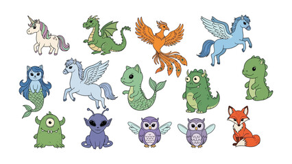 Obraz premium Magical Creatures Assemblage: A collection of whimsical creatures, including unicorns, dragons, phoenixes, mermaids, and more, presented in a colorful and captivating illustration. 