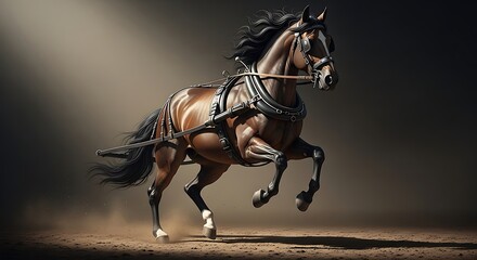 Brown Horse Running with Harness in Dark Dramatic Stormy Atmosphere