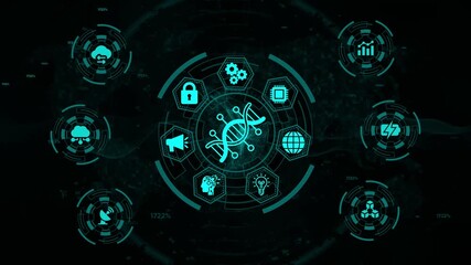 Futuristic digital interface displaying interconnected icons representing technology innovation data science artificial intelligence cloud computing security and global network connections with D N - Powered by Adobe