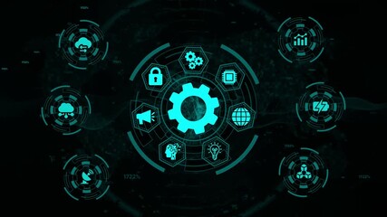 Futuristic digital interface with interconnected technology icons and data visualization elements on a dark background representing innovation and global connectivity - Powered by Adobe