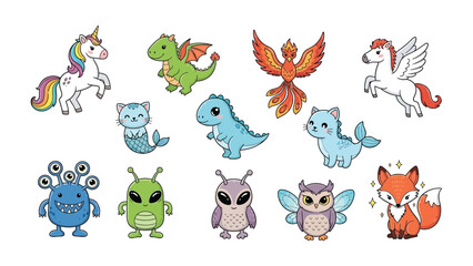Obraz premium Whimsical Creature Collection: A delightful gathering of cartoonish creatures, each radiating charm and fantasy, poised against an immaculate backdrop, waiting to unleash their creative energy.