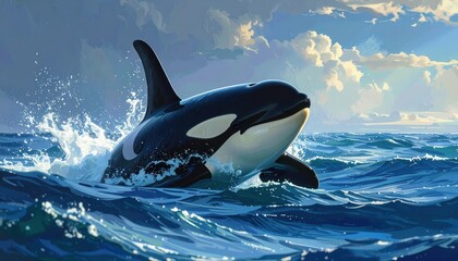 Fototapeta premium A majestic orca breaches the ocean's surface, showcasing its powerful form against a serene sky.