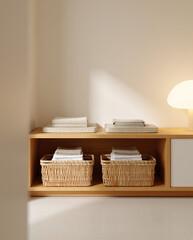 Minimalist laundry storage with wicker baskets and folded towels 


