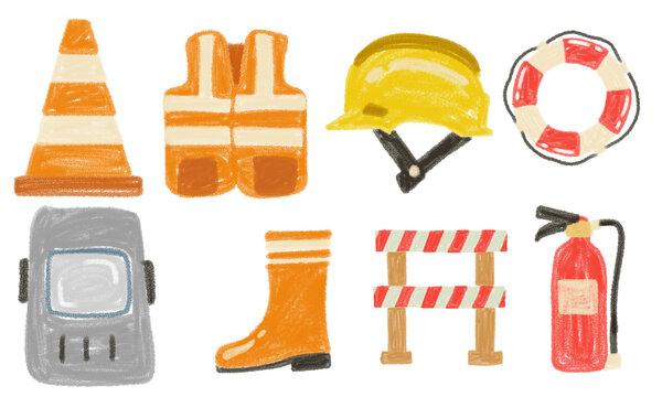 Work Safety Elements Illustration in Chalk or Crayon Style. Hand Drawn Protective Equipment and Hazard Symbols Clipart Set with Isolated Background for Workplace Security and Industrial Safety Design