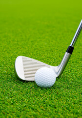 Golf Club and Ball on Grass Ready for Swing. National Golf Day