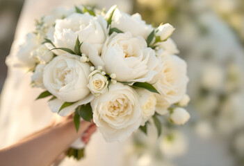 Obraz premium Elegant White Bridal Bouquet of Roses and Peonies