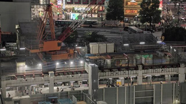 Night in Tokyo : Large-Scale Redevelopment Work is Underway in the Heart of the City's Entertainment District, Bustling with Neon Lights at Night  |  Shibuya Station, Tokyo, Japan