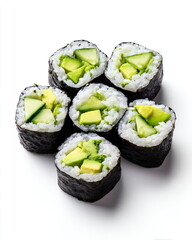 avocado sushi rolls with cucumber, isolated on white background