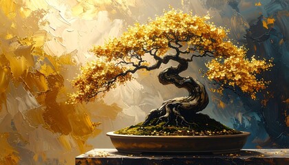 A golden bonsai tree, adorned with delicate, glowing leaves, sits serenely in a dark pot, displayed against a backdrop of textured, golden and grey hues, creating a tranquil and artistic scene.