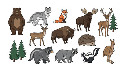 Fototapeta premium Forest Animal Assortment: A captivating compilation of various forest animals, showcasing diverse species such as bears, wolves, foxes, moose, deer, and others in a charming display. 