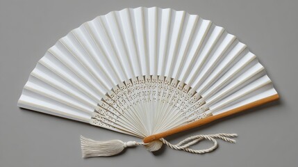 Beautiful photo of white hand fan isolated on gray background. Open folding fan for mock-up.