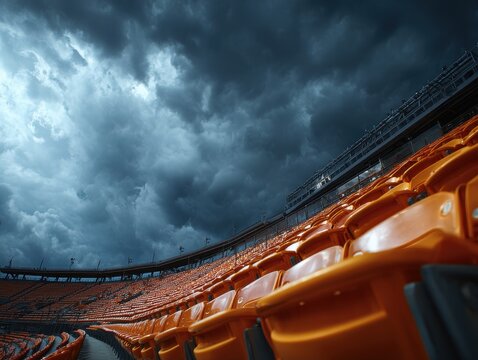 Dramatic low-angle view of empty orange stadium seats under a dark, stormy sky.