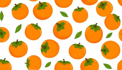A repeating pattern of vibrant orange persimmon fruits with small green leaves, set against a plain white backdrop.