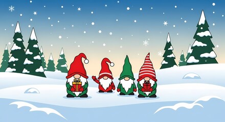 Celebrate Christmas with Cheerful Gnomes in a Snowy Winter Wonderland Scene