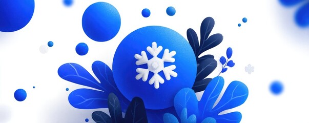 Stylized snowflake on a blue sphere, nestled amongst blue and dark blue leaves and floating blue spheres on a white background