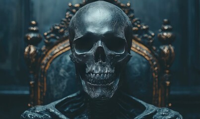 A skull sits regal on a dark throne