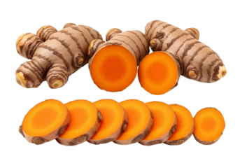 Temulawak (Curcuma xanthorrhiza) whole and sliced isolated on transparent 