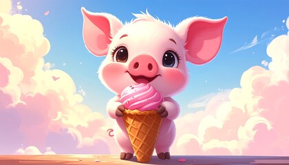 A charming little piglet enjoys a sweet pink ice cream cone against a pastel sky filled with fluffy clouds.