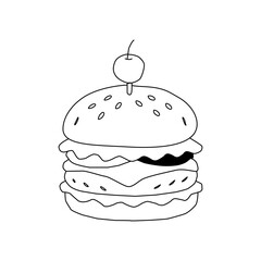 doodle burger pattern background. doodle fast food burger seamless pattern background. seamless pattern of hamburger in doodle style. Seamless Pattern of a Cheese Burger. Burger with stick. 