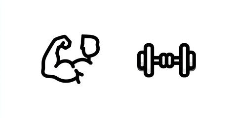 Fototapeta premium A flexing bicep and dumbbell, simple line art icons representing strength and fitness