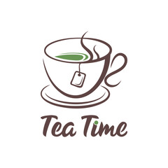 Brown teacup with green tea and tag on saucer with text Tea Time drink