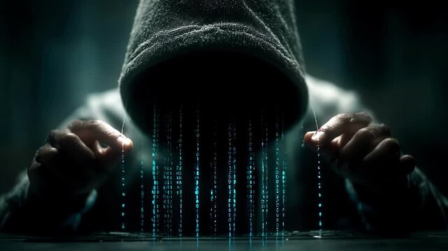 Intriguing Hacker Engages in Dark Cyber Activities Surrounded by Digital Data Streams in a Mysterious Setting