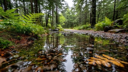 Obraz premium Tranquil forest path puddle reflecting trees and foliage, after rain