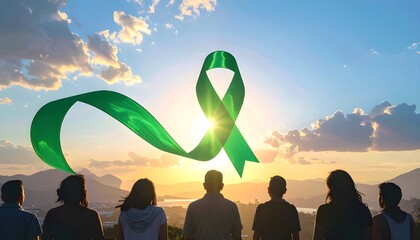 Surreal Green Ribbon in the Sky for Mental Health Awareness