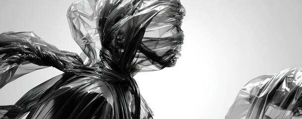 A person wrapped in plastic sheeting, black and white, in profile view