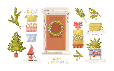 Festive entrance door adorned with Christmas wreath. Cute vector set of holiday boxes designs, fir branches and tree, greetings and seasonal gifts collection.
