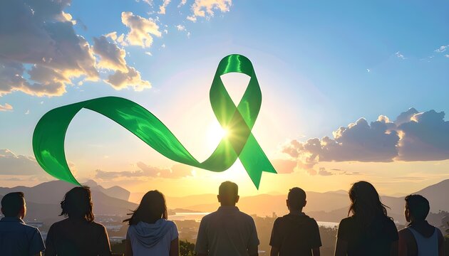 Surreal Green Ribbon in the Sky for Mental Health Awareness