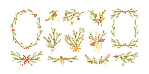 Christmas tree decoration on white background. Holiday fir tree garland, festive corner, Christmas wreath. Winter season frame, festive branch with golden confetti and ornaments. Vector illustration.
