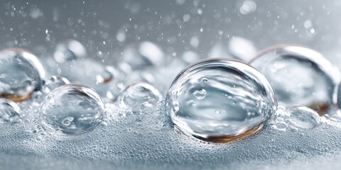 Close-up of large, translucent bubbles nestled in a bed of frothy foam, with smaller bubbles and droplets suspended in the air above