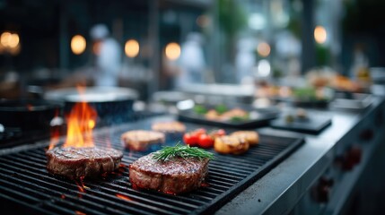Close Up of Sizzling Beef Steaks on Grill with Flames Garnished with Herbs in Restaurant Kitchen Under Soft Lighting