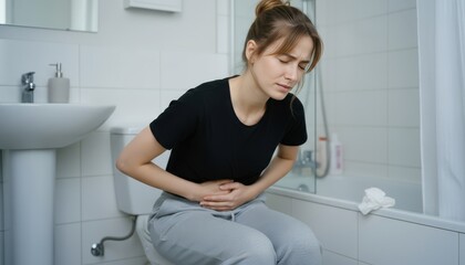 woman sitting on toilet bowl and holding her painful Stomach in the bathroom