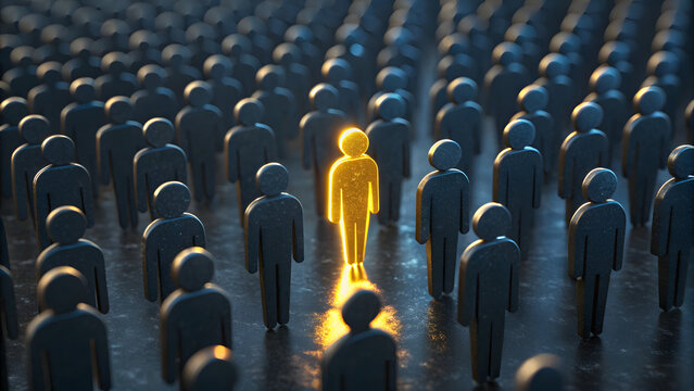 Bright yellow figure stands out amidst a crowd of dark silhouettes symbolizing individuality and distinction