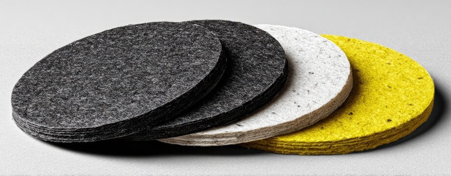 Three stacks of round, textured felt pads in black, off-white, and yellow, subtly overlapping