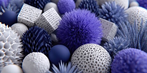 Abstract 3D render of textured spheres, cubes, and fluffy forms in shades of blue and white