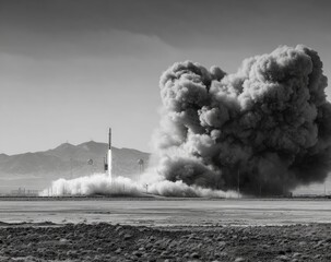 Black and white image of a rocket launch, plumes of smoke billowing behind