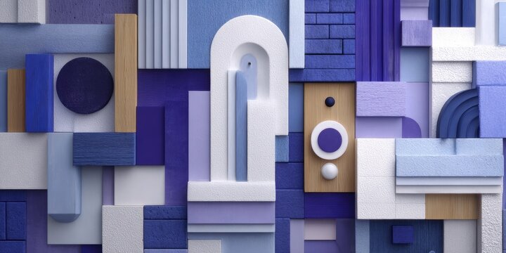Abstract geometric collage in muted blues, purples, and creams; featuring various shapes, textures, and a central arched structure