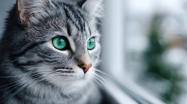 Close Up Portrait of a Gray Striped Cat with Striking Green Eyes Gaze in Soft Indoor Light with Bokeh Background and AI Defacts