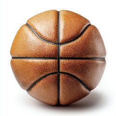 A classic, orange-brown leather basketball, with black lines, sits centrally against a stark white background, casting a subtle shadow