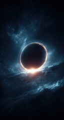 A dark celestial body, ringed with a fiery orange glow, partially obscured by swirling dark clouds, sits against a deep blue, star-studded night sky